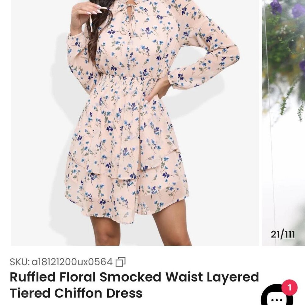 ruffled floral smocked waist tiered chiffon dress - Picture 5 of 5